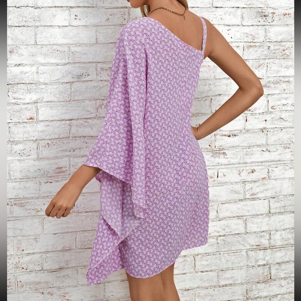 Boho chain strap  one shoulder batwing sleeve  mini dress - Picture 3 of 5